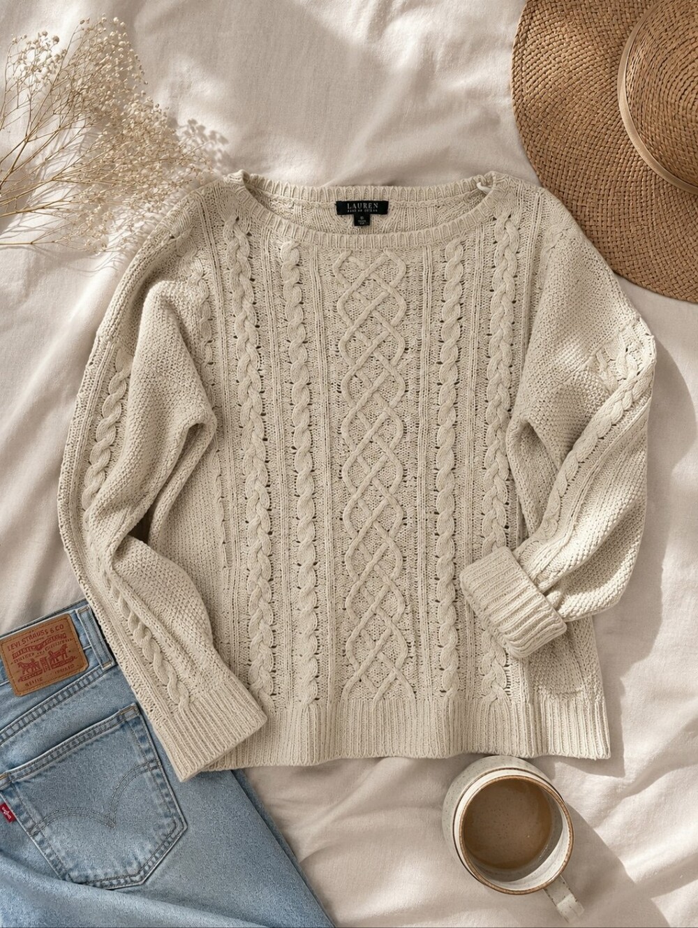 Ralph Lauren Cotton Lambswool Blend Cable Knit Boatneck Sweater Cream Cozy XL